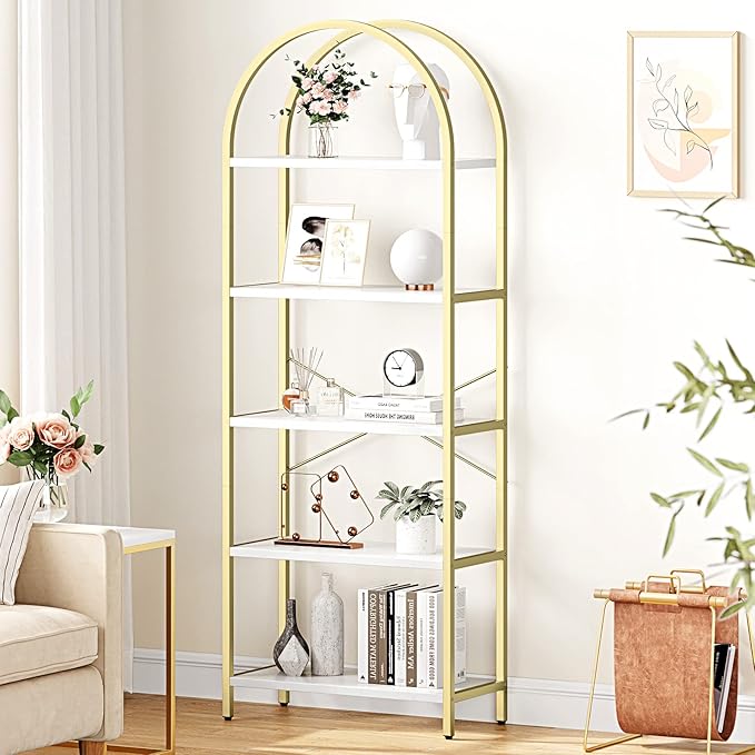 IDEALHOUSE Bookshelf 5 Tier Bookcase Arched Display Racks Tall Standing Bookshelves Metal Frame Modern Storage Rack Shelf Large Wood Book Shelf for Bedroom, Living Room, Home Office