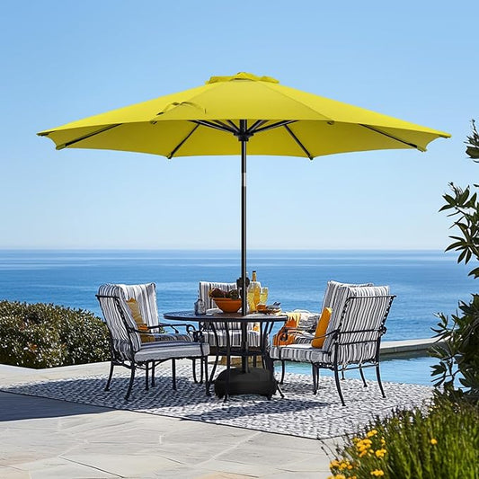 wikiwiki 9FT Patio Umbrella with Base, Outdoor Umbrellas with Base Included, 8 Sturdy Ribs, Waterproof Fade Resistant POLYESTER DTY Canopy for Deck, Lawn, Garden, Backyard & Pool, Yellow