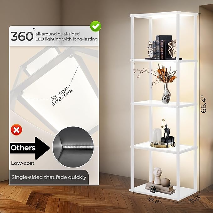 Tall Display Shelf Floor Lamp, Dimmable LED lamp with 3 Color Temperatures, Sturdy Glass Curio Cabinet Bookcase with Remote Control, Floor Lamp with Shelves for Living Room Decor, Collectibles (White)