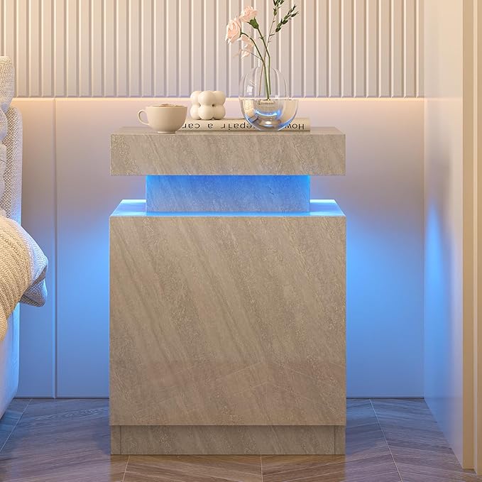 Nightstands Set 2, 17 Inches Modern Bedside Table with LED Lights, LED Night Stand Set of 2, High Gloss Surface, End Table with Storage for Bedroom, Grey