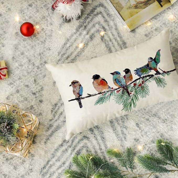 RABUSOFA Christmas Outdoor Pillow Covers Waterproof 12x20 Inch Birds Christmas Winter Decorations Lumbar Throw Pillow Cases Xmas Birds Decor Decorative Pillows for Couch Holiday Teal