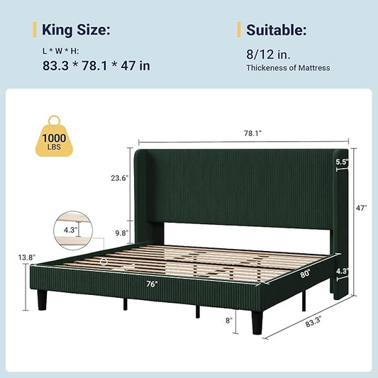 SHA CERLIN King Size Corduroy Upholstered Platform Bed Frame with Vertical Channel Tufted Wingback Headboard, 8" Under Bed Storage, Wooden Slats & Metal Frame Support, Easy Assembly, Dark Green
