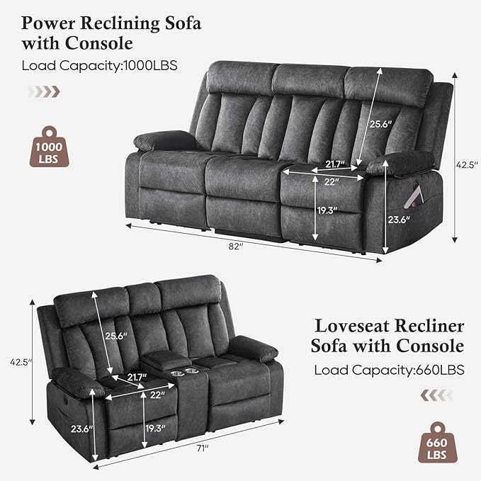 Velvet Power Recliner Sofa Living Room Set, Electric Loveseat Reclining Sofa Couch with Massage & Heat/Console/Cup Holder/USB & Type C, Modern Living Room Furniture Sofa Set (Gray)