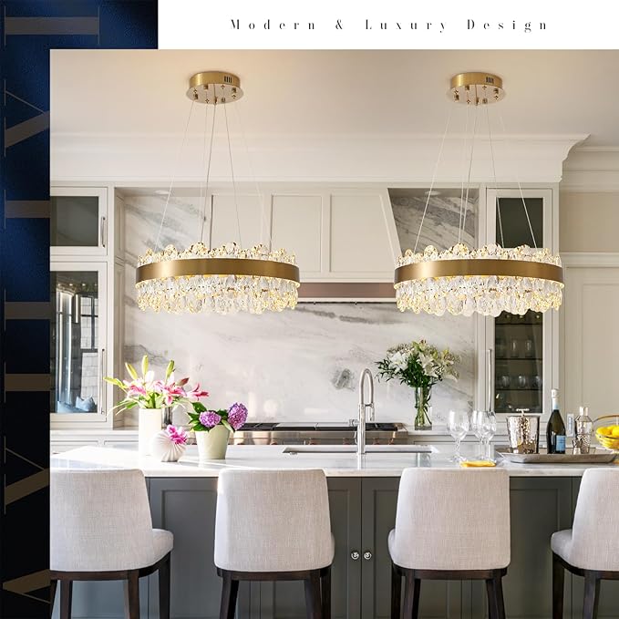 Gold Crystal Chandelier Modern LED Chandeliers 19’’ Round LED Pendant Light Fixture Dimmable Flush Mount Chandelier for Dining Room Foyer Living Room, UL Listed