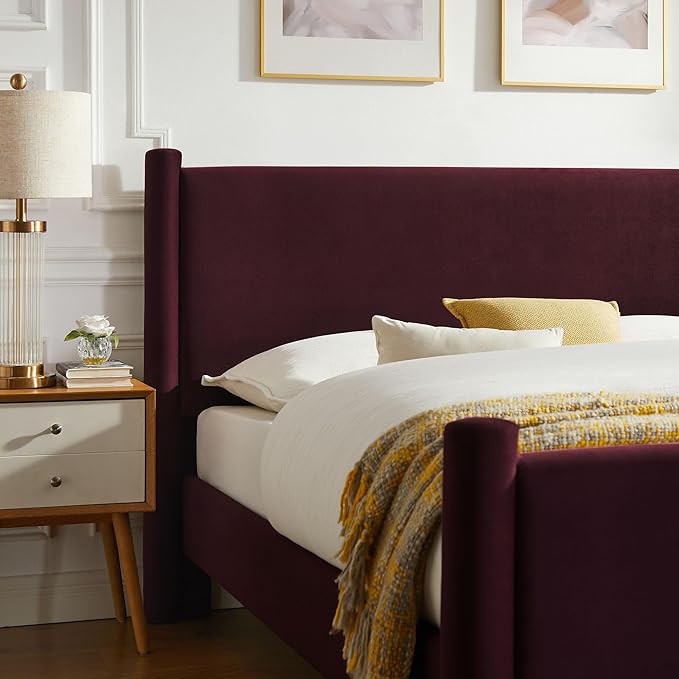 Modway Rael Queen Platform Bed Frame with Upholstered Headboard and Footboard in Mulberry – Stain-Resistant Performance Velvet Queen Size Bed with Rounded Posts