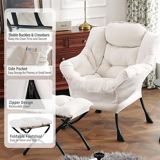 Lazy Chair with Ottoman, Modern Chair with Folding Footrest, Beige Accent Chair, Comfortable Reading Chair, Oversized Armchairs for Bedroom, Study, Living Room, Courtyard