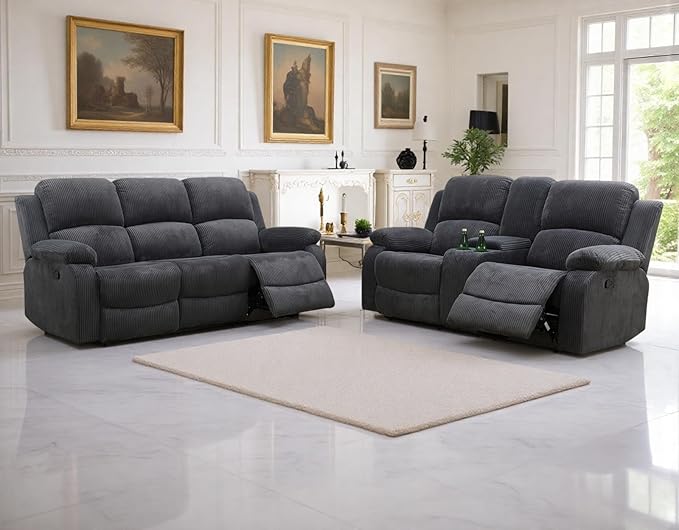Fabric Recliner Sofa Set in 2 Pieces Living Room Furniture Sets Modern Loveseat Couch Set Manual Reclining Sofa Set with Cup Holders/Storage Console for Living Room/Rv Car (Grey,Sofa+Loveseat)