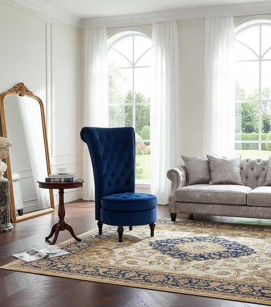 Royal High-Back Velvet Accent Chair for Vanity with Storage and Luxurious Upholstery, Retro Design and Versatile Usage for Living Room, Bedroom, Lounge and Office, Dark Blue