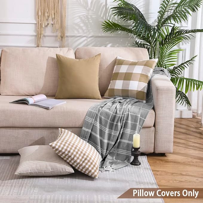 CARRIE HOME Modern Farmhouse Decor Brown Pillow Covers 18x18 Khaki Neutral Plaid Couch Throw Pillows 18 x 18 Set of 4 Brown Buffalo Check Decorative Pillow for Bedroom and Living Room