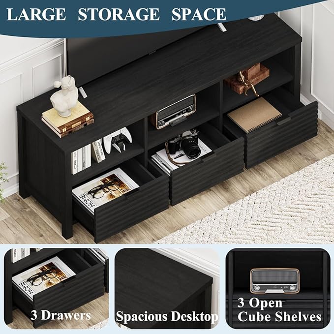 BON AUGURE Black TV Stand for 65 55 50 in TVs, Mid Century Modern Entertainment Center with Storage Drawers, Wood Television Media Console Cabinet for Living Room, Bedroom (Black Oak)