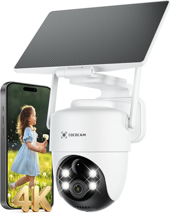 COCOCAM 4K 8MP Security Camera Outdoor Wireless WiFi with 5W Adjustable Solar Panel, 10000mAh Battery, AI Recognition, PIR Human Detection, 355° P 90°T, Two-Way Audio, 2.4GHz WiFi, Cloud, IP66