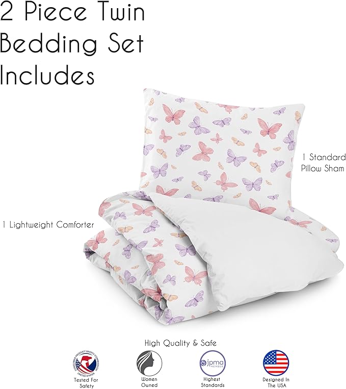 Sweet Jojo Designs 2-Piece Twin Comforter Set (Pink/Purple Shabby Chic Butterfly) for Girls, Teen, Kids Bedding, Bed in a Bag incl. Blanket & Pillow Sham (Colorful, Pastel, Watercolor, Butterflies)