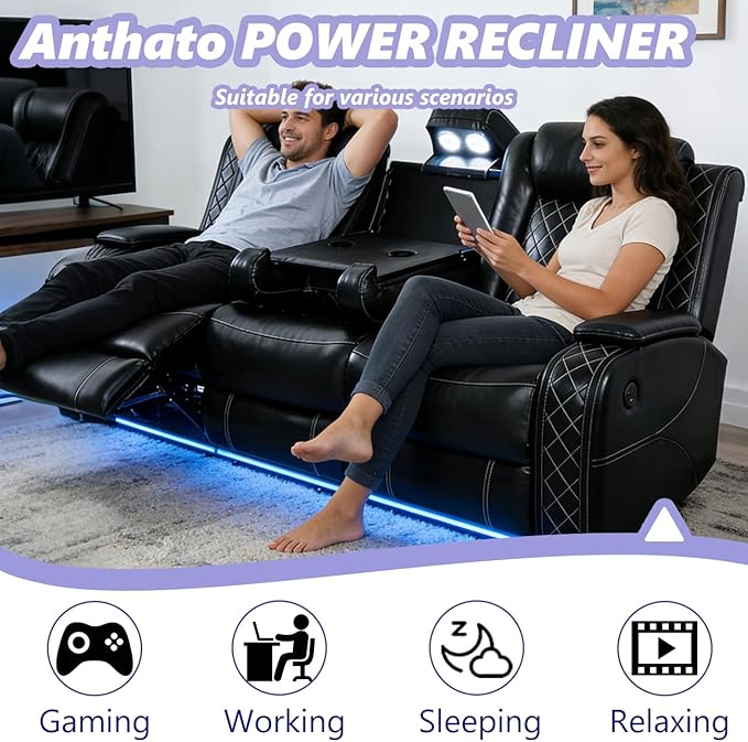 Power Recliner Sofa Couch with LED, Breathing Leather Reclining Couch, Living Room Furniture Sets, Black Recliner Furniture with Charging/Storage/LED for Home Theater/Office, Black (3 Seater)