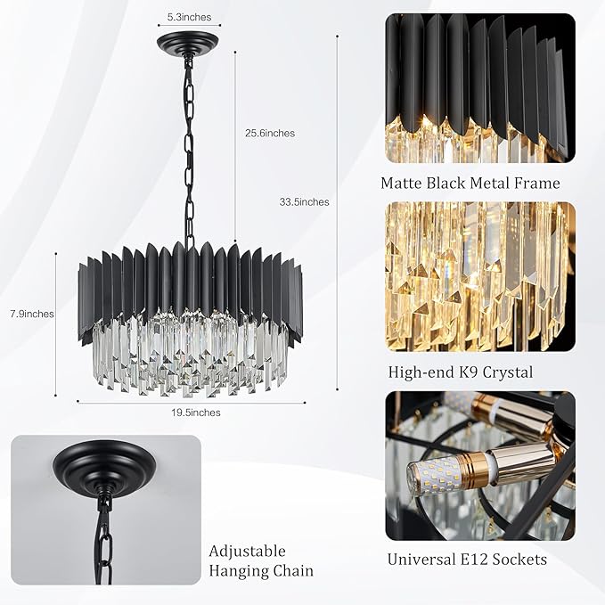 Black Crystal Chandelier 20'' K9 Crystal Round Pendant Lights Adjustable 4-Tier Large Modern Crystal Chandelier 6-Lights for Dining Room Living Room Kitchen Foyer Entryway