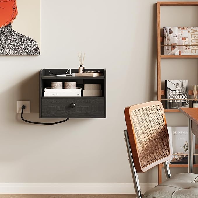 Floating Nightstand Set of 2 Modern Night Stands with Drawer and Open Shelf Cubby Small Bedside End Table with Charging Station Wall Mounted Nightstands Set 2 for Bedroom Black