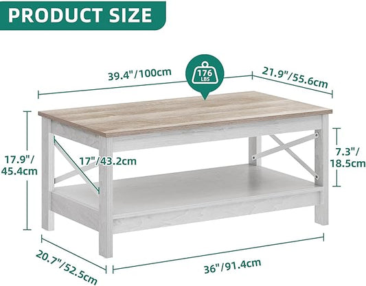 YITAHOME Coffee Tables for Living Room, Modern Farmhouse Coffee Table with Storage, 2-Tier Center Table Wood Living Room Table Accent Cocktail with Sturdy Frame, Grey Wash