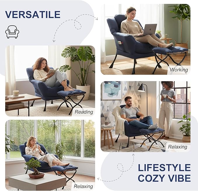 Lazy Chair with Ottoman, Modern Lounge Chair with Lumbar Pillow, Accent Cozy Reading Armchair and Folding Footstool for Bedroom, Dorm, Living Room,Navy