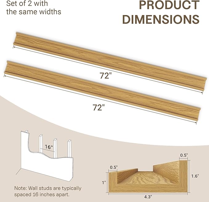 Fun Memories Long Wall Shelves Set of 2-72 Inch Floating Shelves for Wall - Picture Ledge Shelf with Lip for Storage - Wall - Mounted Shelves for Bedroom - Living Room - Kitchen - Oak Color