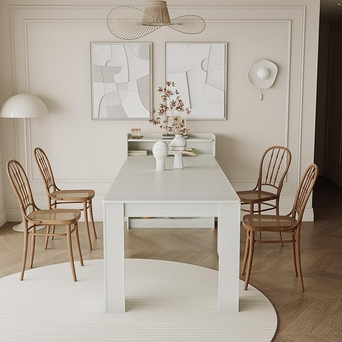 KEIKI 30”-99”L Extendable Foldable Dining Room Table with Storage for 1-10 People, Wood Modern Rustic Rectangle Expandable Kitchen Living Meeting Room Furniture, 5 Tabletop Length Options, White