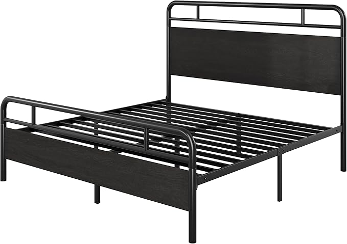 SHA CERLIN Full Size Bed Frame with Vintage Industrial Wood Headboard, Heavy Duty Metal Platform with 12" Under-Bed Storage, Mattress Foundation, No Box Spring Needed, Noise-Free, Easy Assembly, Black