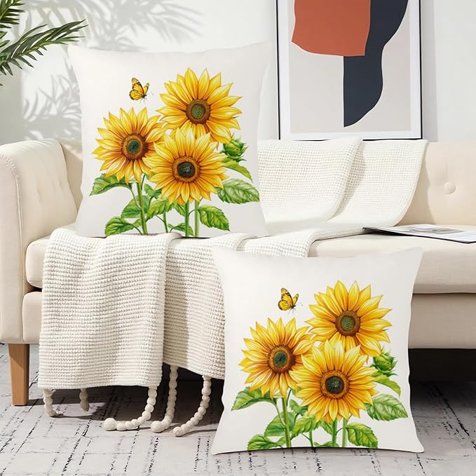 Sunflower Throw Pillow Covers 22x22 Set of 2 Watercolor Yellow Floral Decorative Pillow Cases Summer Outdoor Farmhouse Throw Pillows for Home Couch Sofa Porch Living Room