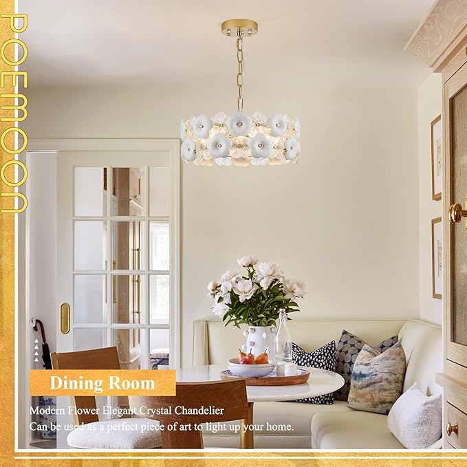 Flower Elegant Glass Chandeliers 4-Lights Modern Gold 14" Pendant Light Fixture for Kitchen Island Dining Room Bedroom Entryway Hallway, G9