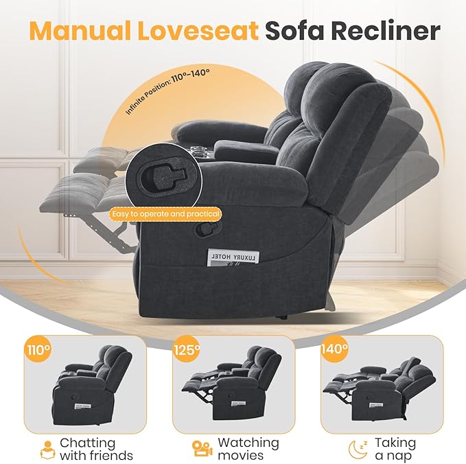 Loveseat Recliner Sofa with Massage & Heating, Reclining Loveseat with Console, RV Wall Hugger Double Loveseat Recliner Couch for Living Room & Home Theater (Chenille-Grey)