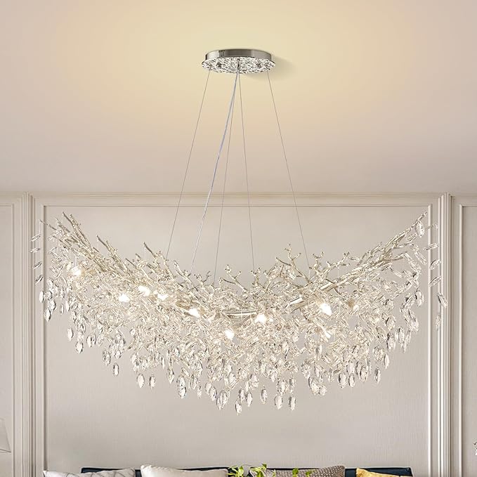 Modern Chrome Rectangular Chandelier for Living Room, 55" Luxury K9 Crystal Raindrop Light Contemporary 16 Light Tree Branch Chandelier for Kitchen Island, Living Room, Dining Room