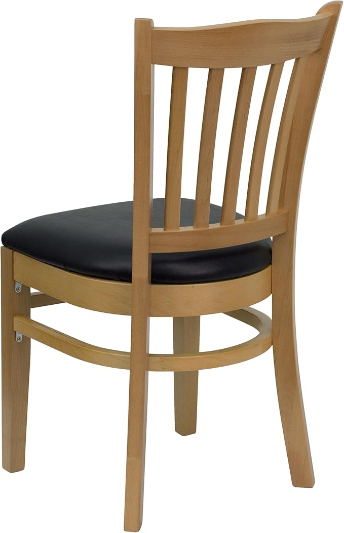 Flash Furniture HERCULES Series Vertical Slat Back Natural Wood Restaurant Chair - Black Vinyl Seat