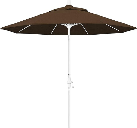 California Umbrella 9' Round Aluminum Pole Fiberglass Rib Market Umbrella, Crank Lift, Collar Tilt, White Pole, Teak Olefin