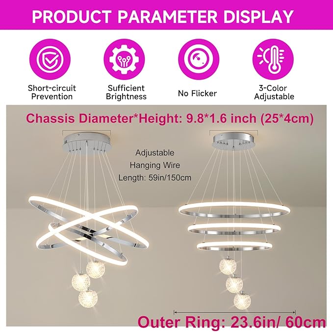 LED Modern 3 Ring Chandeliers for Dining Room, 24in Dimmable Kitchen Pendant Lamp, Silver Dining Room Light Fixtures Ceiling Hanging Over Table, Globe Round Chandeliers for Living Room, Chrome