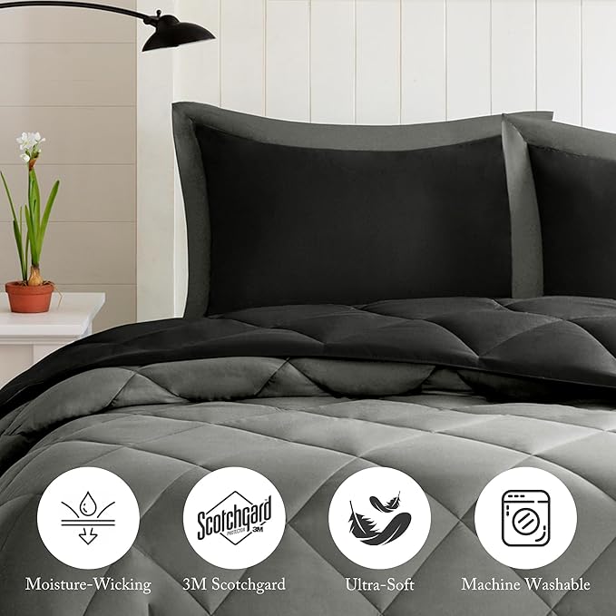 Madison Park Comforter Set, Reversible Down Alternative All Season Microfiber Bedding, 3M Scotchgard Stain Release, Full/Queen Dorm Comforter, Black/Grey