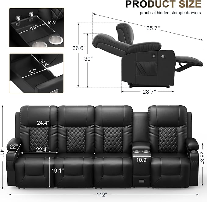 YONISEE Modern Recliner Sofa Set - 4 Seat Sofa & 2PC Swivel Recliner Chairs with Heat & Massage for Living Room (4+1+1)