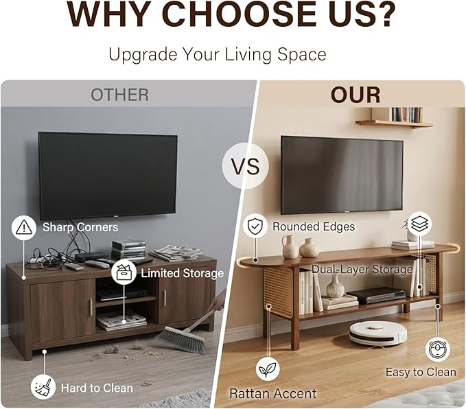 Welnow Walnut Rattan TV Stand for 65" TV, Mid Century Modern Entertainment Center with 2-Tier Open Shelves, Versatile Modern TV Console & Table for Living Room & Gaming
