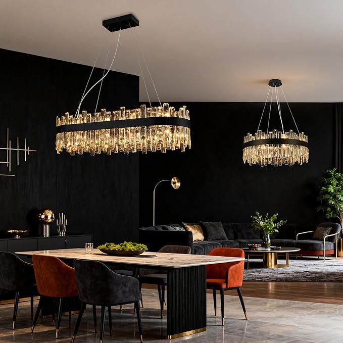 Black Crystal Chandeliers for Dining Room, 20 Lights Modern Oval Chandelier for Lining Room, Rectangular Crystal Pendant Light Fixture for Kitchen Island Bar L36 Inch