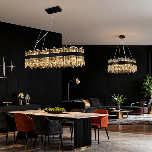 Black Crystal Chandeliers for Dining Room, 20 Lights Modern Oval Chandelier for Lining Room, Rectangular Crystal Pendant Light Fixture for Kitchen Island Bar L36 Inch
