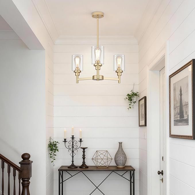 3-Lights Gold Chandeliers for Dining Room Light Fixture, Farmhouse Chandeliers Over Table, Hallway Lighting Fixtures with Glass Shade for Entryway Dining Room Kitchen Island Foyer