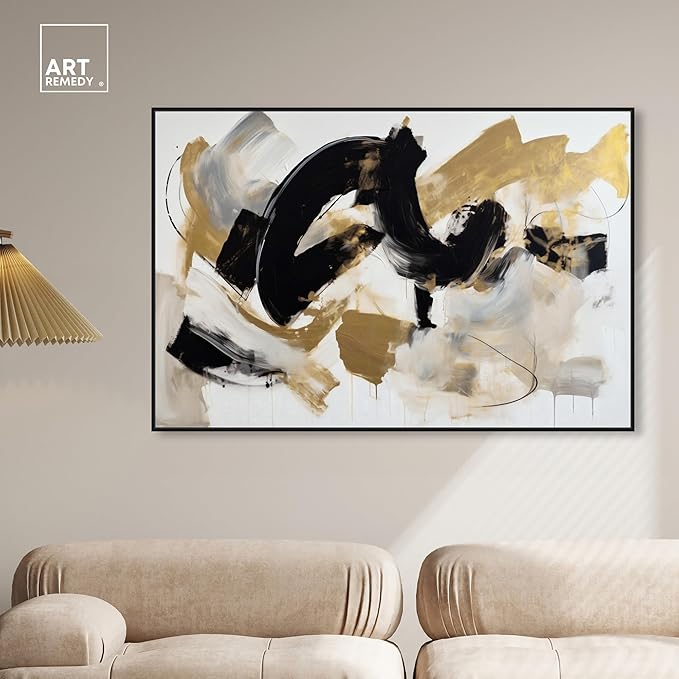 Art Remedy Moved Abstraction Canvas Modern Black White Abstract Wall Art, Black Frame, 54" x 36"