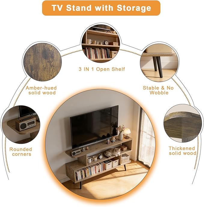 Lightdot TV Stand for TVs up to 45'', Modern Entertainment Center with Storage Open Shelf Large capacity for collection, Media Console Table for Living Room/Entrance/Sofa Cabinet, Easy Assembly- Amber