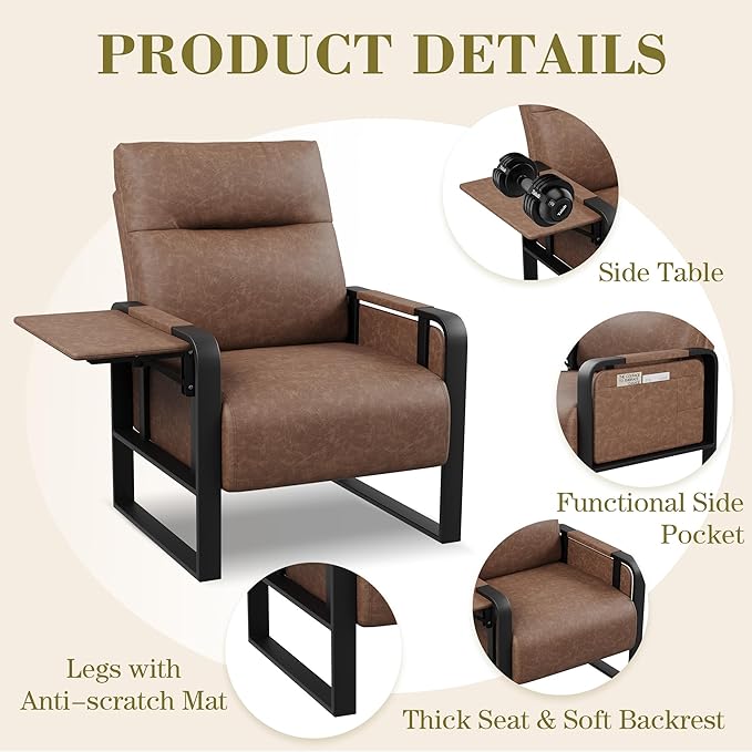 Accent Chair with Foldable Side Table PU Leather Upholstered Armchair for Bedroom Modern Living Room Chairs Office Chair Dark Brown