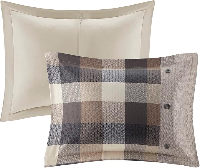 Madison Park Ridge Comforter Set-Cabin Lodge Plaid Herringbone Design All Season Down Alternative Cozy Bedding with Matching Bedskirt, Shams, Decorative Pillow, Queen(90"x90"), Neutral 7 Piece