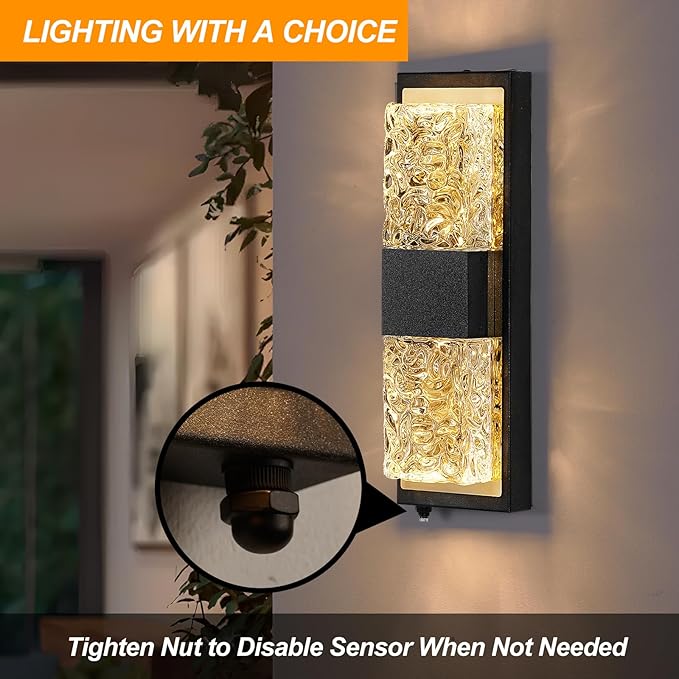 Dusk to Dawn Outdoor Lighting,Porch Lights Outdoor IP65 Waterproof Exterior Lighting Fixtures 12W LED Crystal Modern Outside Light for House Hallway Doorway Patio,14.2'' Back&Gold (1PCS)