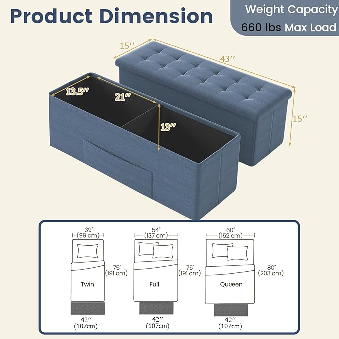 Giantex Storage Ottoman Bench, 43"L Folding Foot Rest Storage Chest with Side Pocket, Divider, Padded Seat Shoe Bench for Living Room Bedroom Hallway Entryway End of Bed (Navy)