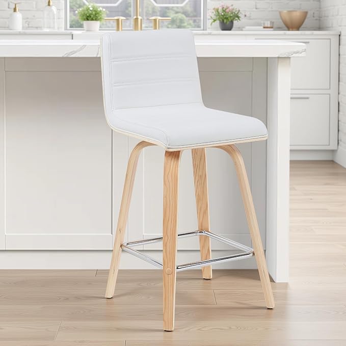 Vienna Modern Counter Height Swivel Bar Stool with White Faux Leather Seat and Patterned Oak Wood Frame Set of 4