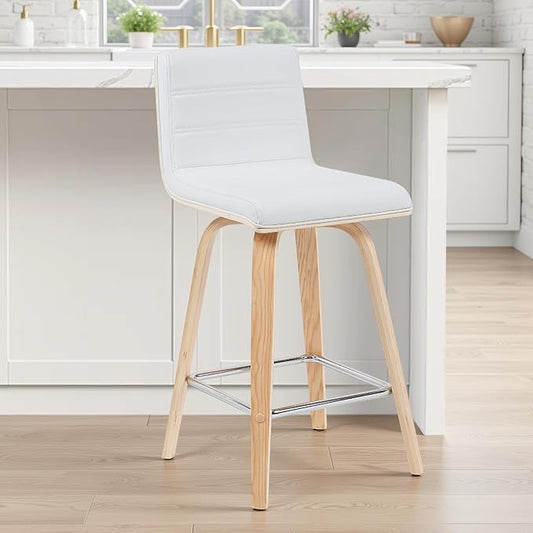 Vienna Modern Counter Height Swivel Bar Stool with White Faux Leather Seat and Patterned Oak Wood Frame Set of 4