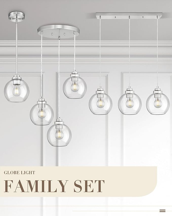 Globe Cluster Pendant Light, 3-Light Hanging Light Fixture with Brushed Nickel Finish, Clear Glass Kitchen Island Lighting for Dining Room Living Room Laundry Entrance Foyer, ZCPL101BN-3C