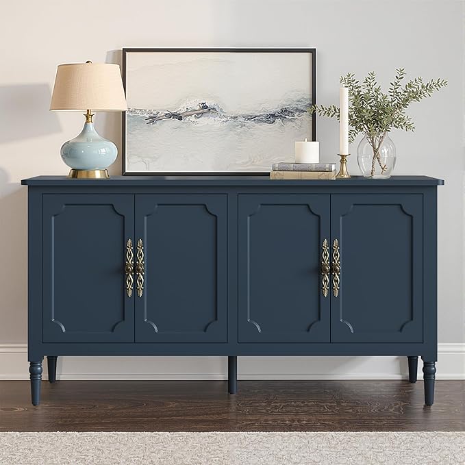 Console Table, 58'' Mid Century Modern Pantry Cabinet, Wood Buffet Sideboard, Media Credenza with 4 Doors, Accent Storage for Entryway, Living Room, Bedroom, Dining Room(Coastal Blue-1)