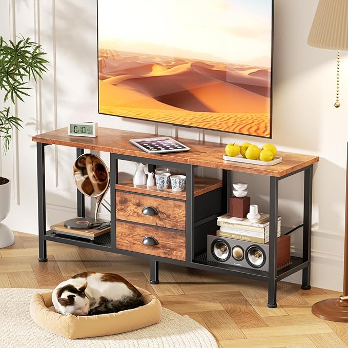 Furologee TV Stand with 2 Fabric Drawers, 43 Inch Entertainment Center with Open Storage Shelves, Media Console Table for Bedroom, Living Room, Rustic Brown