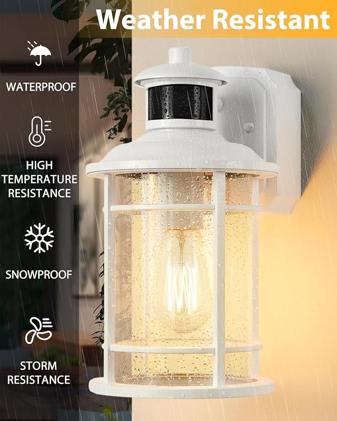 Redluck 2 Pack White Porch Lights with GFCI Outlet, Dusk to Dawn Motion Sensor Outdoor Lights, 3 Lighting Modes Exterior Light Fixture, Waterproof Anti-Rust Alunmium Outside Light for Patio Entryway