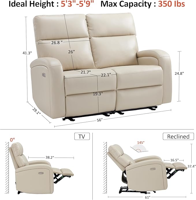 MCombo 56" Zero Wall Recliner Loveseat, 2-Seat Power Wall Hugger Sofa with USB & Type-C Dual Ports, for Small Space, Living Room, RV PR646M1 (Beige, Loveseat)